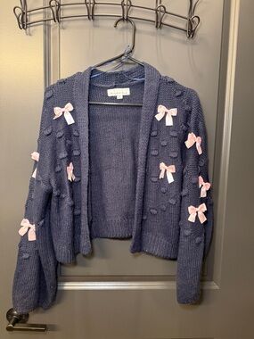 Navy Knit Cardigan with Pink Bows
